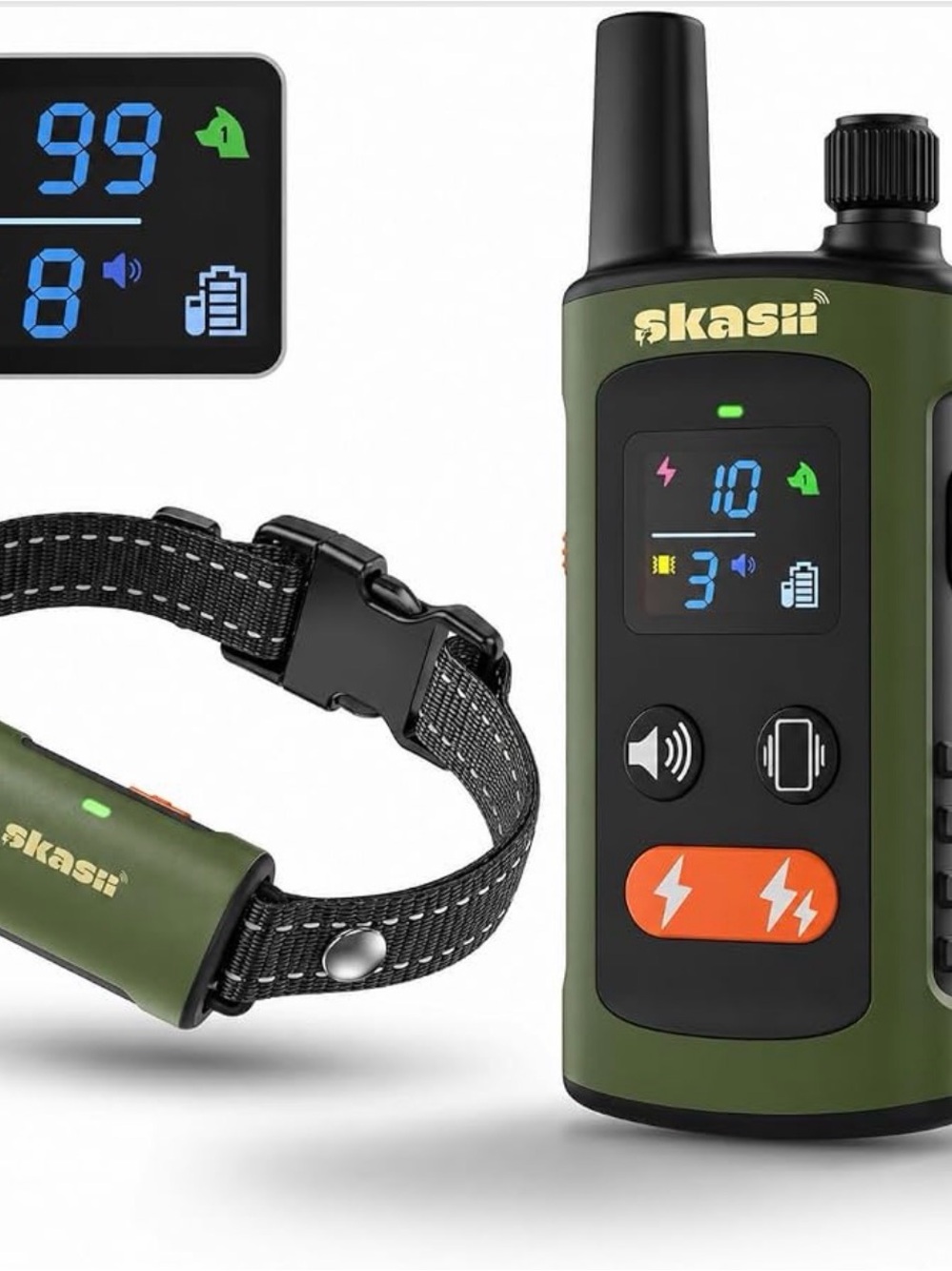Skasii Rechargeable Dog Training Collar - Olive Green with Black Strap